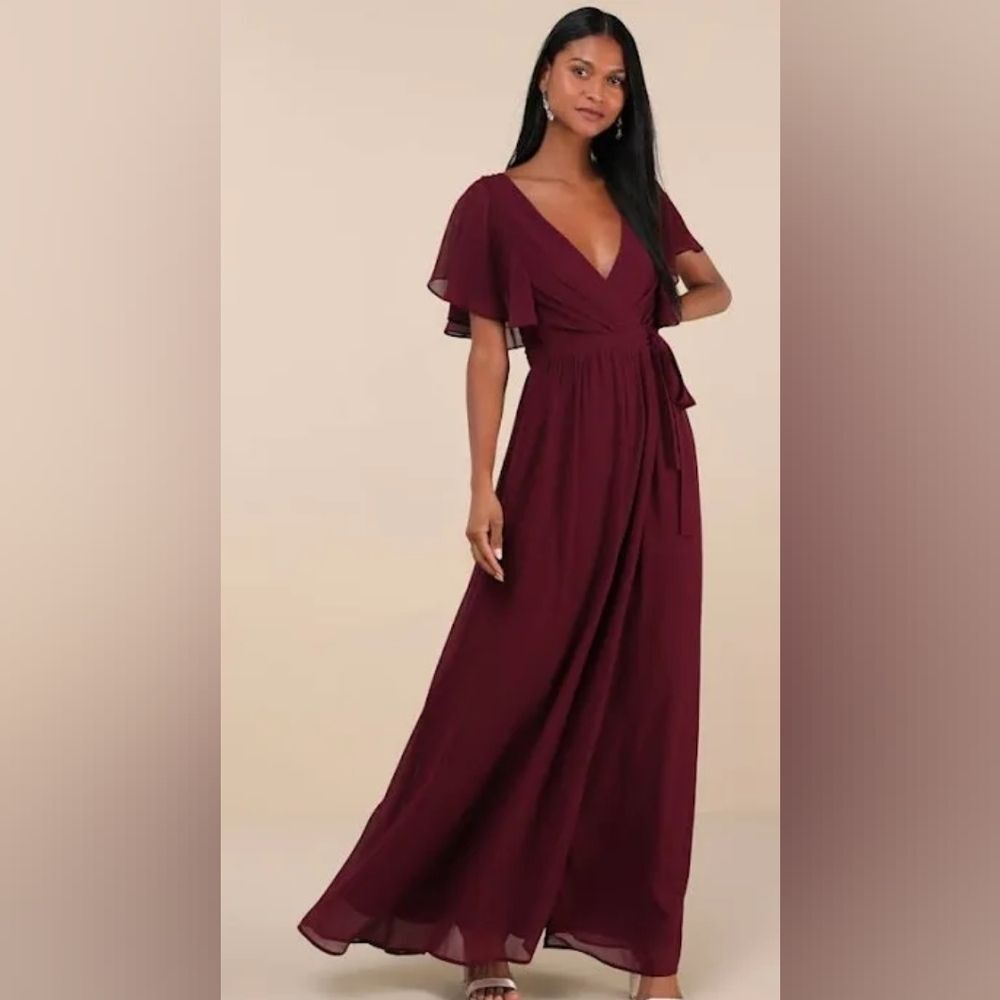 Jenny Yoo Burgundy Flutter Sleeve Wrap Maxi Dress Size 10 Wedding Guest Gown